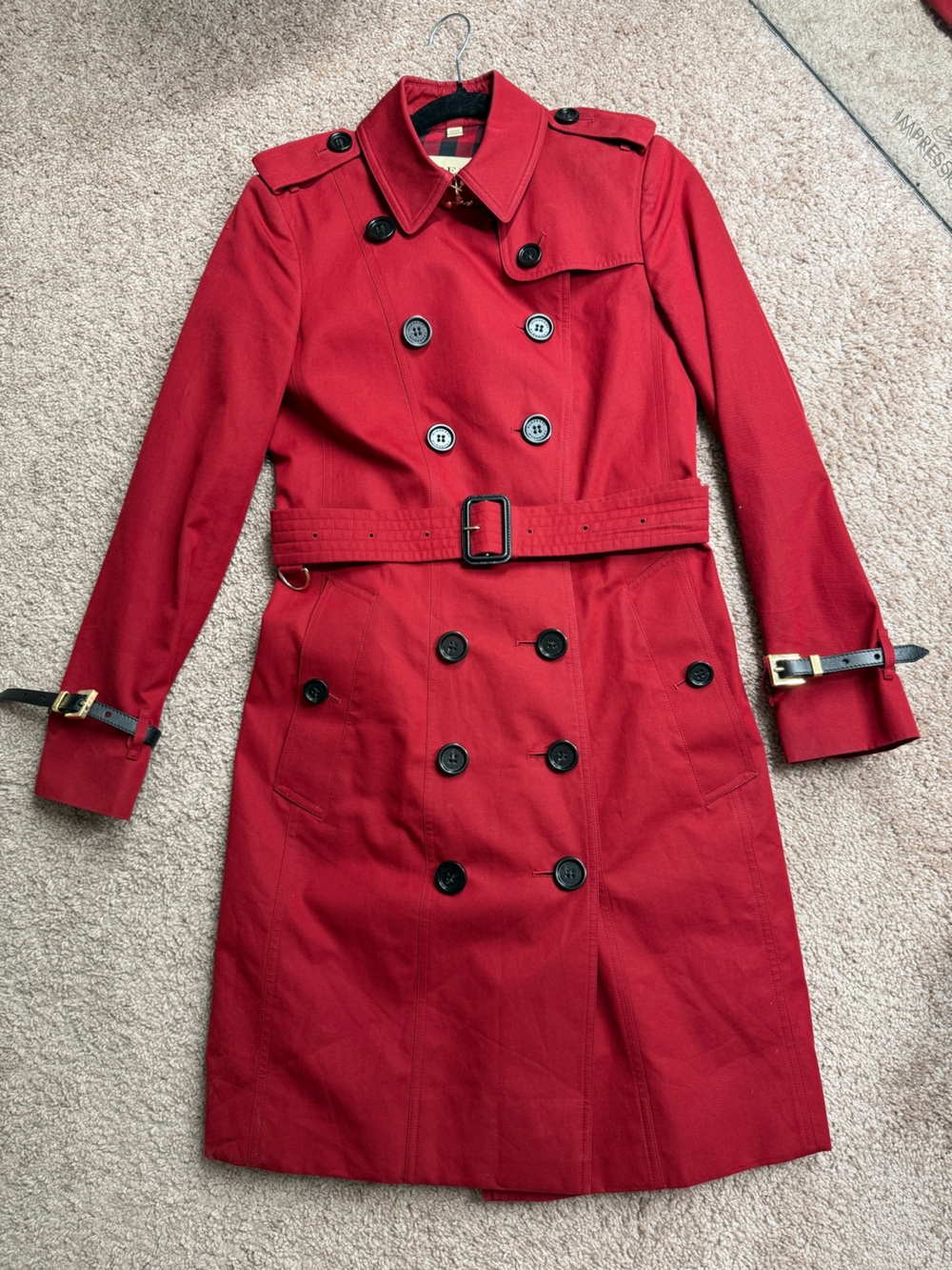 Burberry London Kensington Red Double Breasted Cotton Trench Coat Jacket